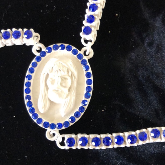 Blue white CZ rosary cross Jesus long necklace - Picture 4 of 6